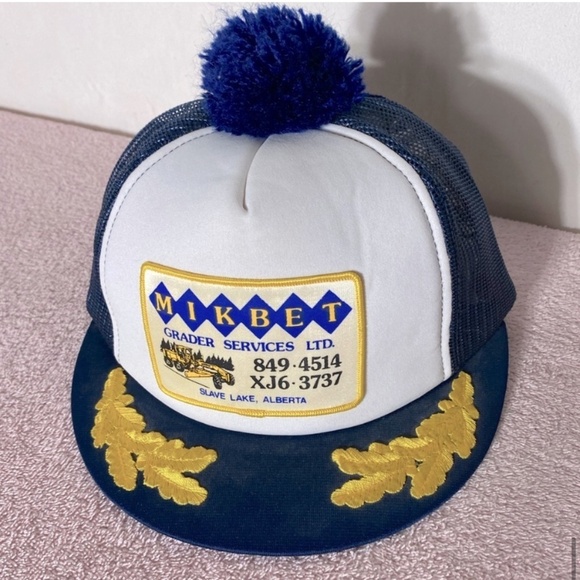 Vintage Mikbet Grader Services Navy Blue Mesh Back Trucker Hat W Pom Pom - Picture 10 of 10